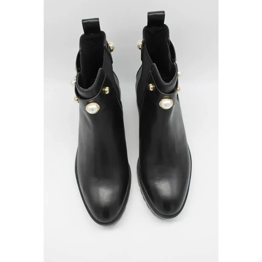 NWT Karl Lagerfeld Paris Pola Black Smooth Calf Lea Gold Pearl Boots Size 7.5M - Picture 3 of 13